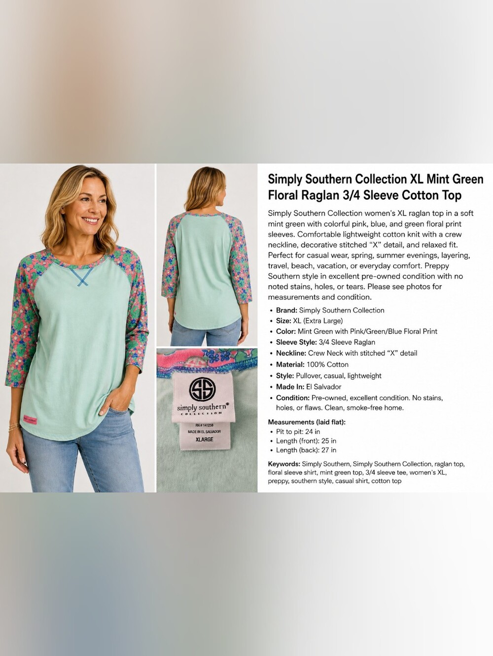 Simply Southern Collection XL Mint Green Floral Raglan 3/4 Sleeve Cotton Top